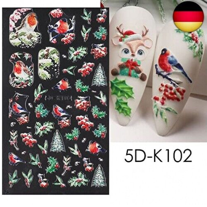 4 Blatt 3D Nagelsticker Weihnachten Nagelaufkleber 5D Stereoskopisch