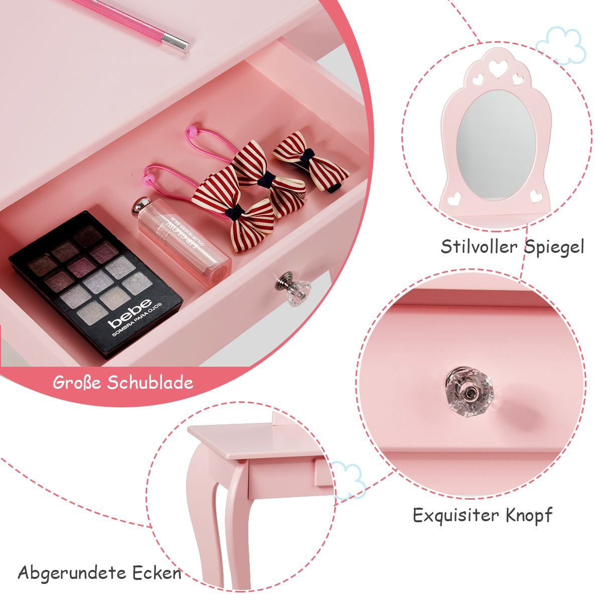 Kinder Schminktisch Frisiertisch Make-Up Tisch Mit Hocker Und Spiegel Rosa