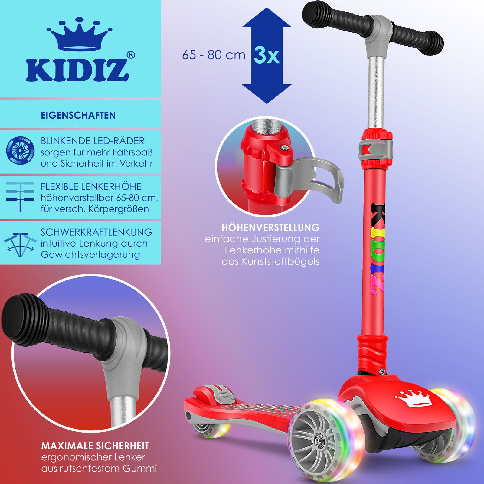 KIDIZ® Kinder Roller LED Räder Kinderscooter Dreiradscooter Scooter Cityroller