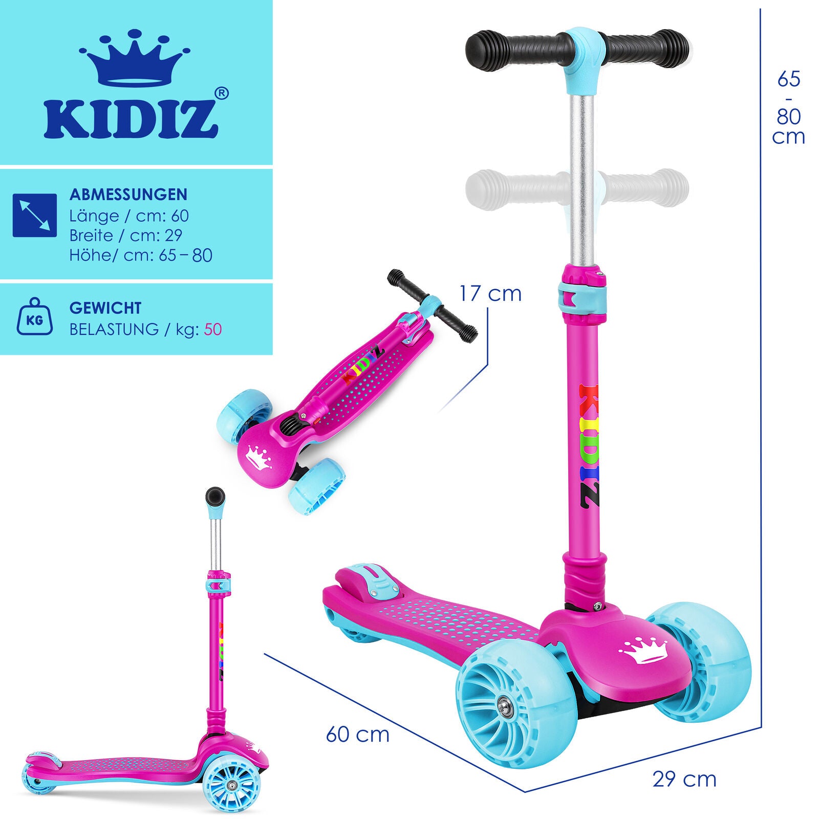 KIDIZ® Kinder Roller LED Räder Kinderscooter Dreiradscooter Scooter Cityroller
