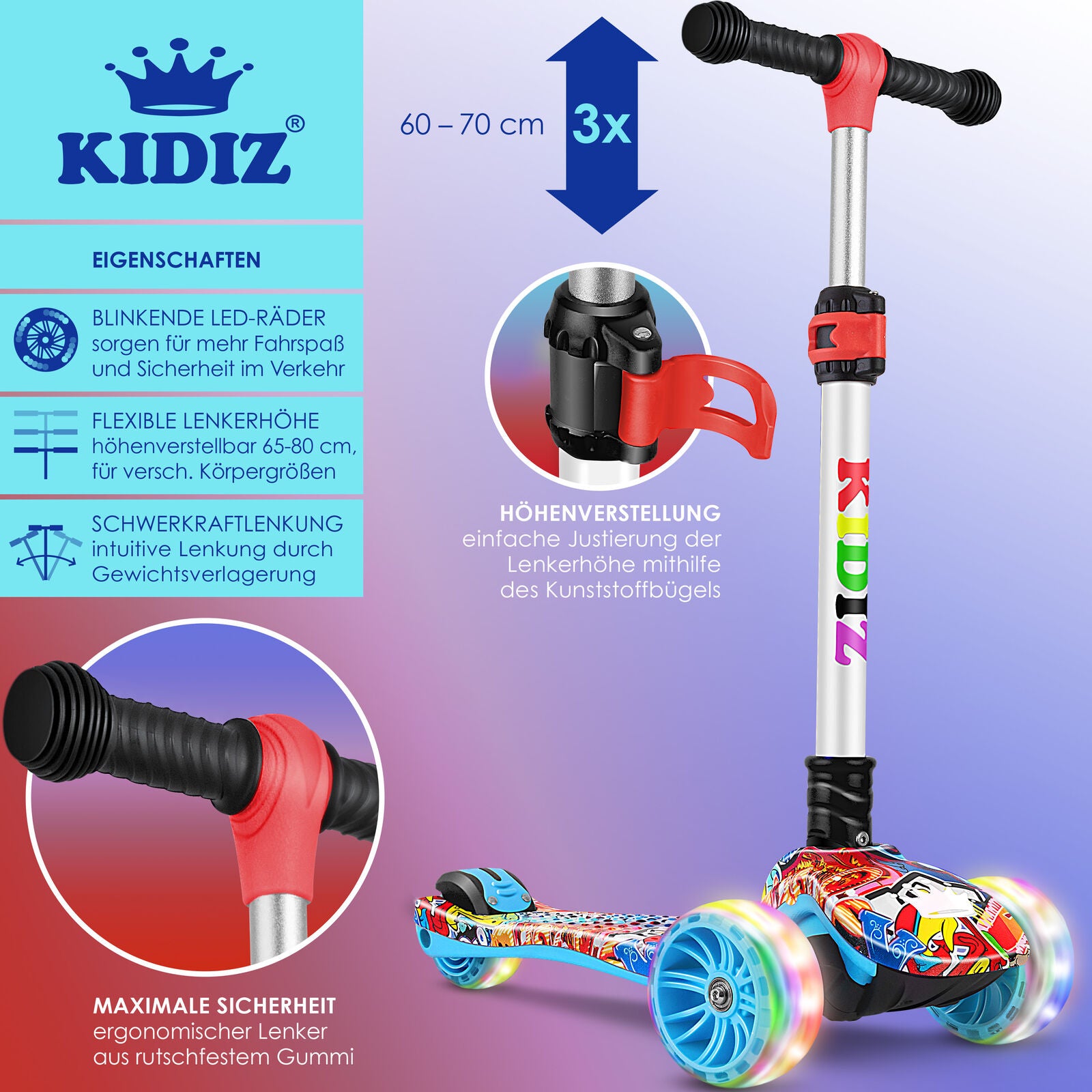 KIDIZ® Kinder Roller LED Räder Kinderscooter Dreiradscooter Scooter Cityroller