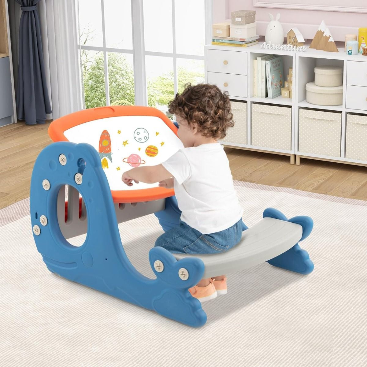 4 in 1 Kinder Staffelei in Walform Mit Bank & Doppelseitiger Tischplatte & Whiteboard