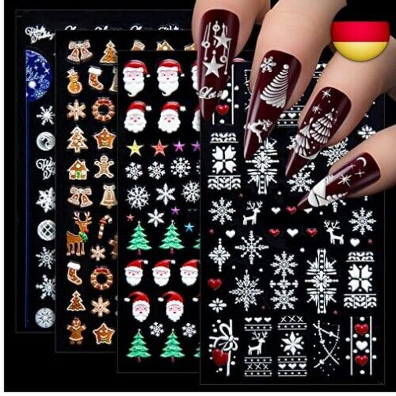 4 Blätter Weihnachten Nagelsticker Selbstklebend, 5D Schneeflock Weihnachten