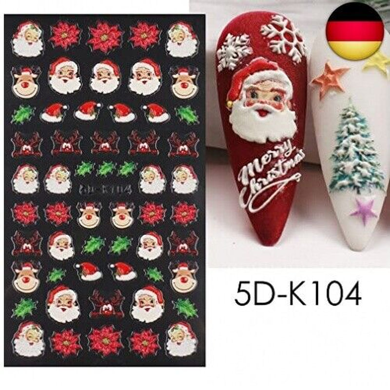 4 Blatt 3D Nagelsticker Weihnachten Nagelaufkleber 5D Stereoskopisch