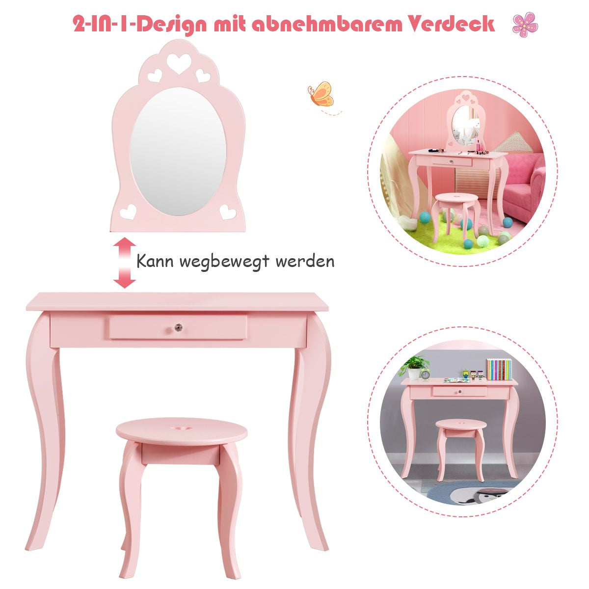 Kinder Schminktisch Frisiertisch Make-Up Tisch Mit Hocker Und Spiegel Rosa