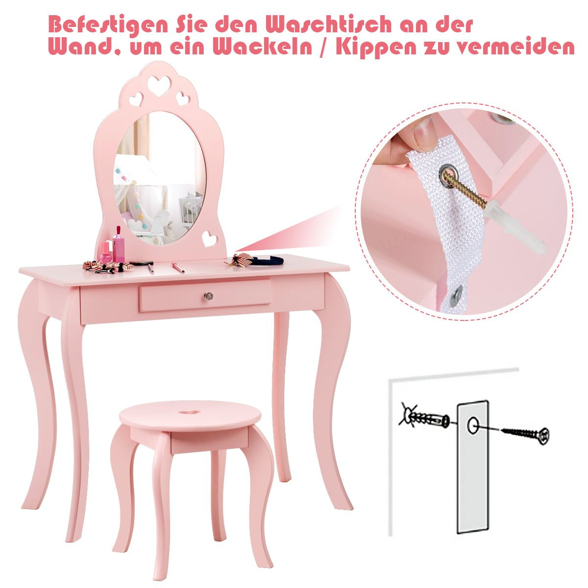 Kinder Schminktisch Frisiertisch Make-Up Tisch Mit Hocker Und Spiegel Rosa