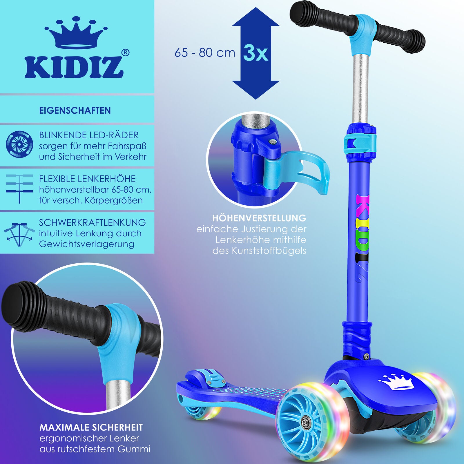 KIDIZ® Kinder Roller LED Räder Kinderscooter Dreiradscooter Scooter Cityroller