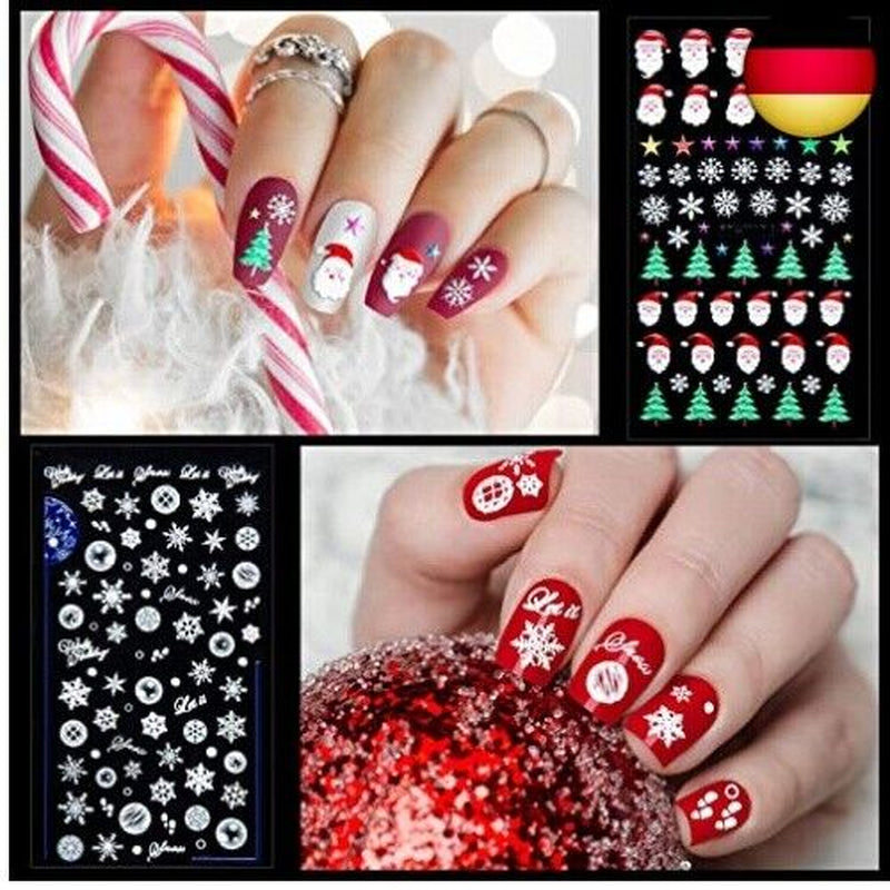 4 Blätter Weihnachten Nagelsticker Selbstklebend, 5D Schneeflock Weihnachten