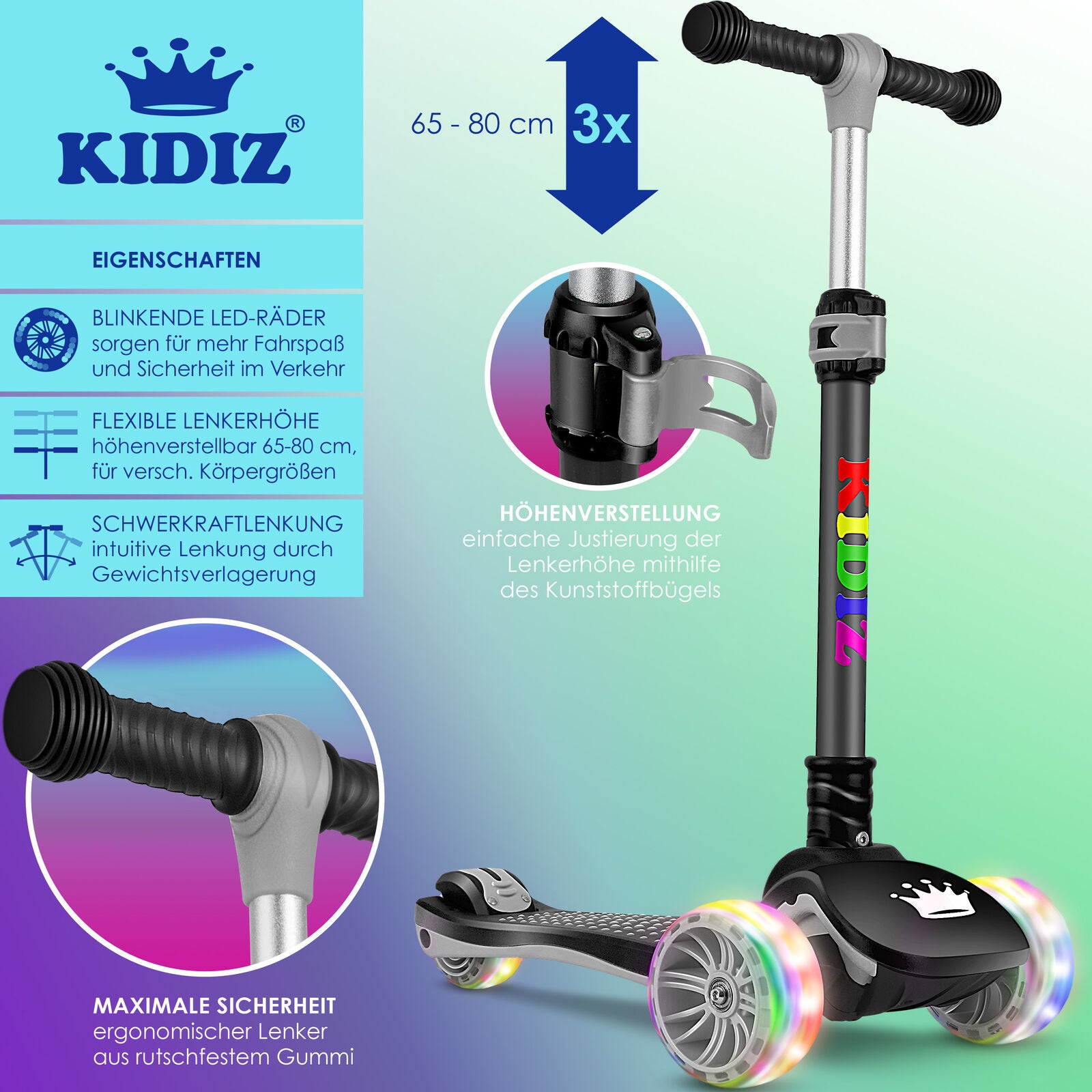 KIDIZ® Kinder Roller LED Räder Kinderscooter Dreiradscooter Scooter Cityroller