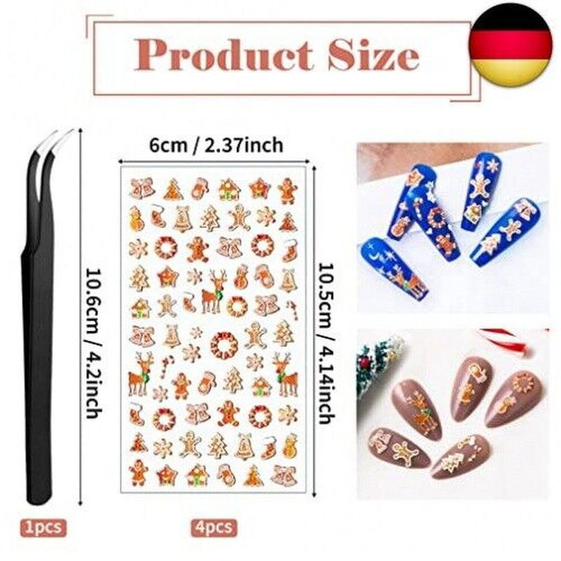 4 Blätter Weihnachten Nagelsticker Selbstklebend, 5D Schneeflock Weihnachten