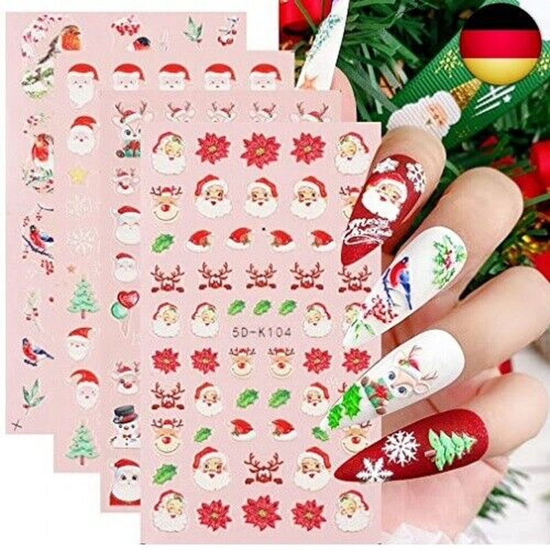4 Blatt 3D Nagelsticker Weihnachten Nagelaufkleber 5D Stereoskopisch