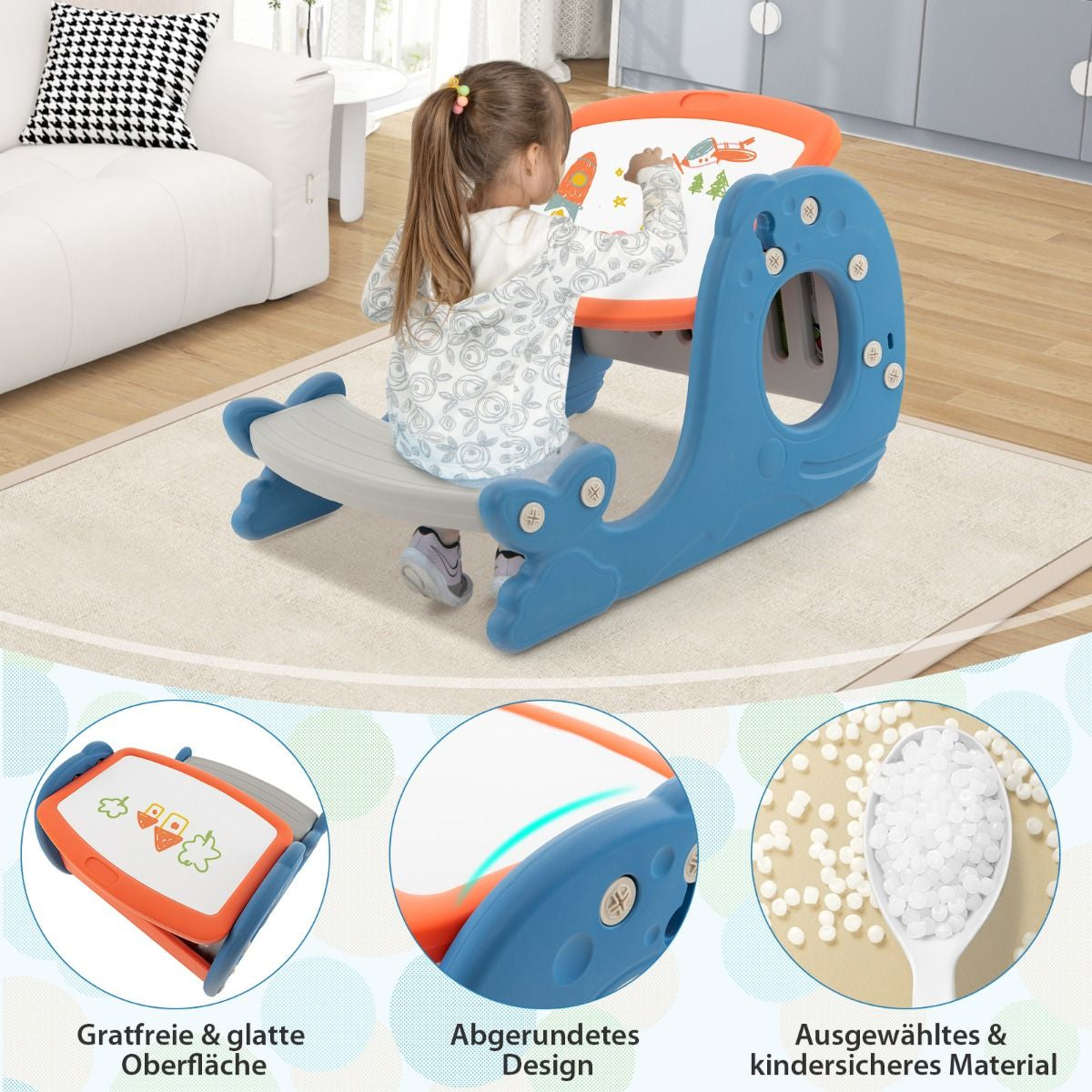 4 in 1 Kinder Staffelei in Walform Mit Bank & Doppelseitiger Tischplatte & Whiteboard
