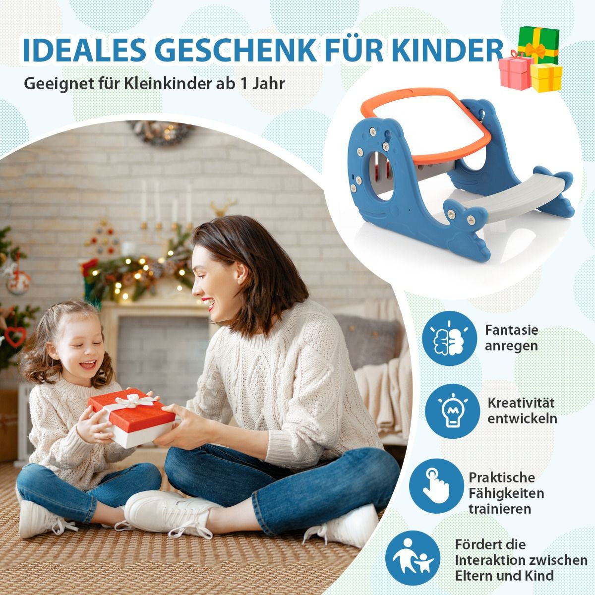 4 in 1 Kinder Staffelei in Walform Mit Bank & Doppelseitiger Tischplatte & Whiteboard