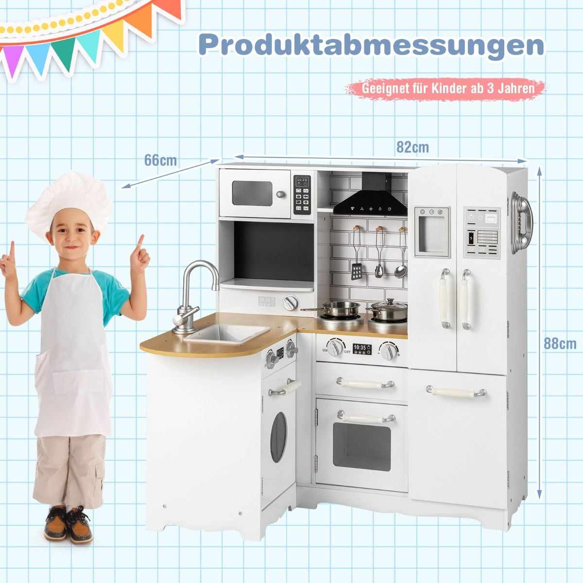Eckküchen-Spielset Für Kinder Spielküche Aus Holz Mit Herd 82 X 66 X 88 Cm Weiß