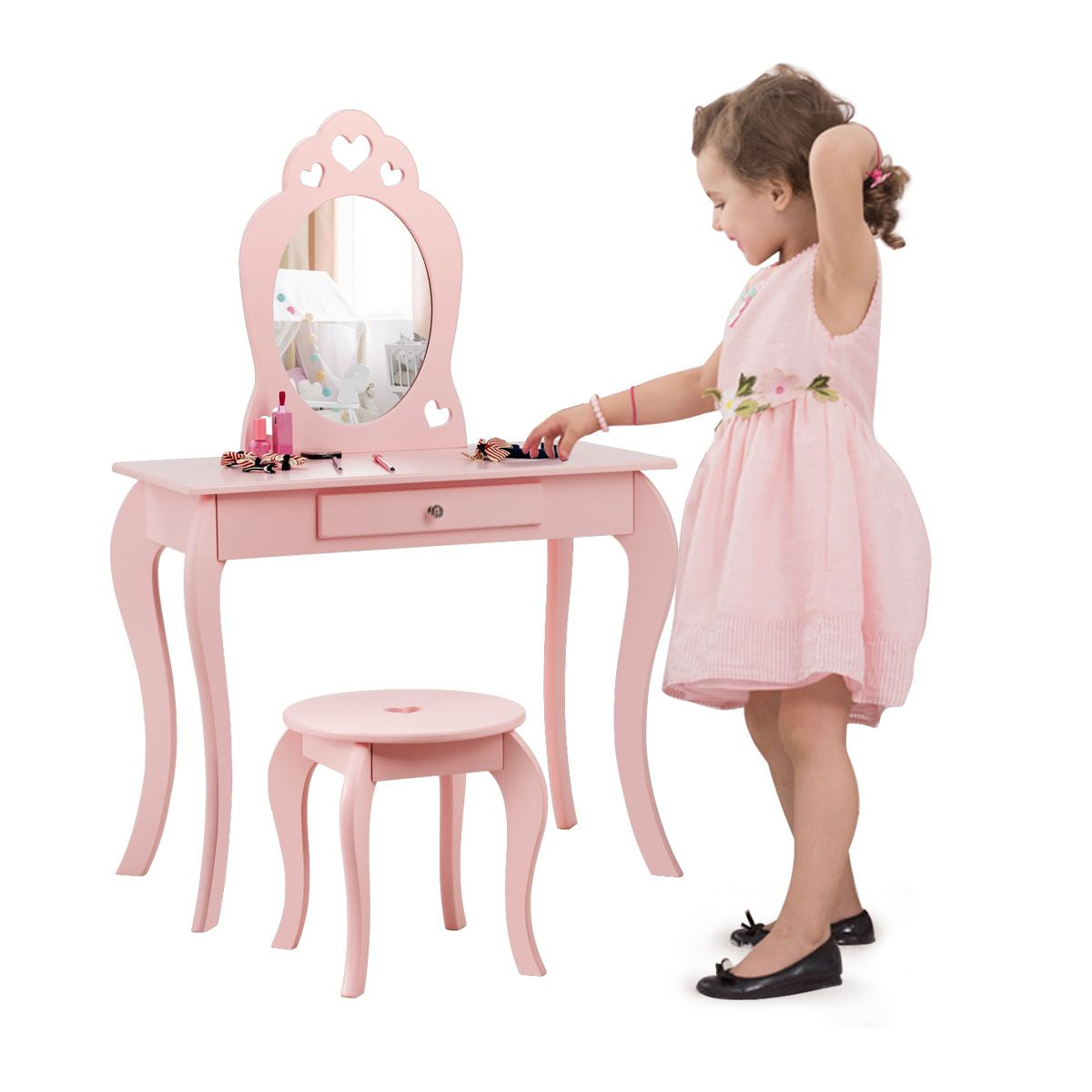 Kinder Schminktisch Frisiertisch Make-Up Tisch Mit Hocker Und Spiegel Rosa