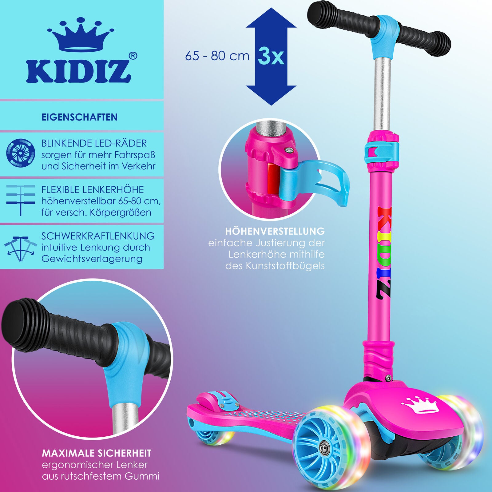 KIDIZ® Kinder Roller LED Räder Kinderscooter Dreiradscooter Scooter Cityroller