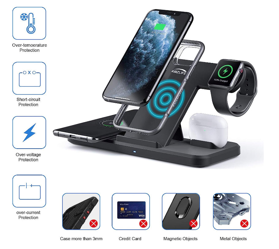 Wireless Charger 4 in 1 Induktive Ladestation 15W Kabellos Ladegerät Mit Adapter