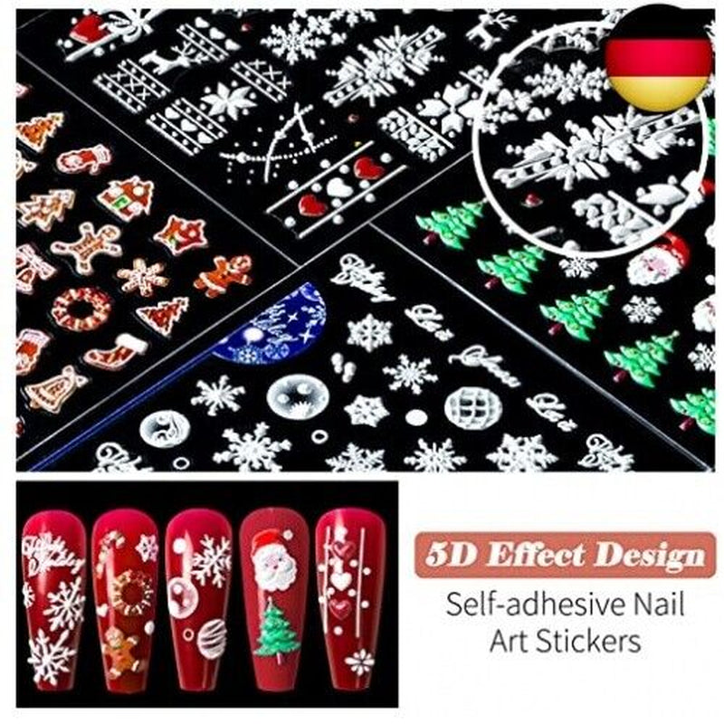 4 Blätter Weihnachten Nagelsticker Selbstklebend, 5D Schneeflock Weihnachten