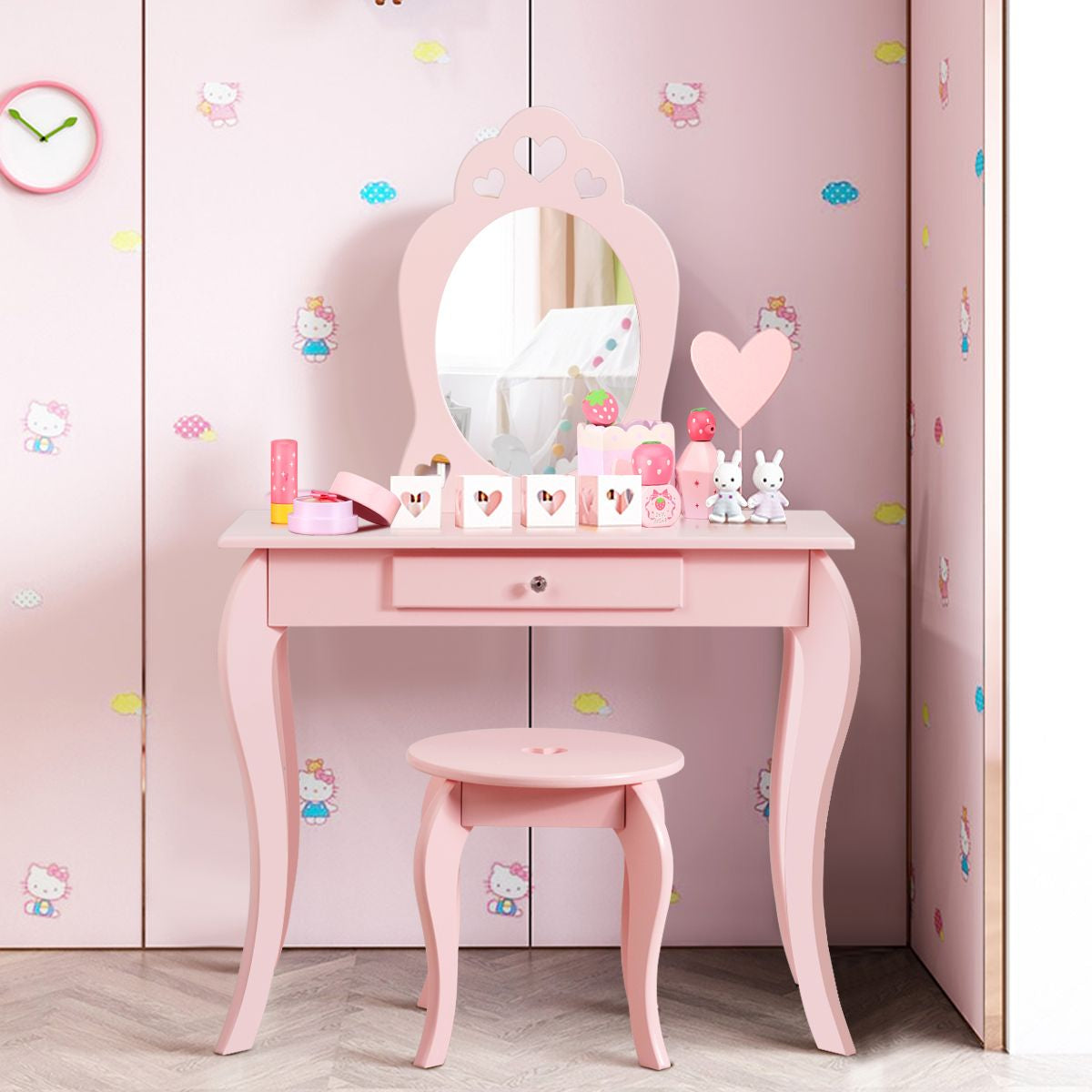 Kinder Schminktisch Frisiertisch Make-Up Tisch Mit Hocker Und Spiegel Rosa