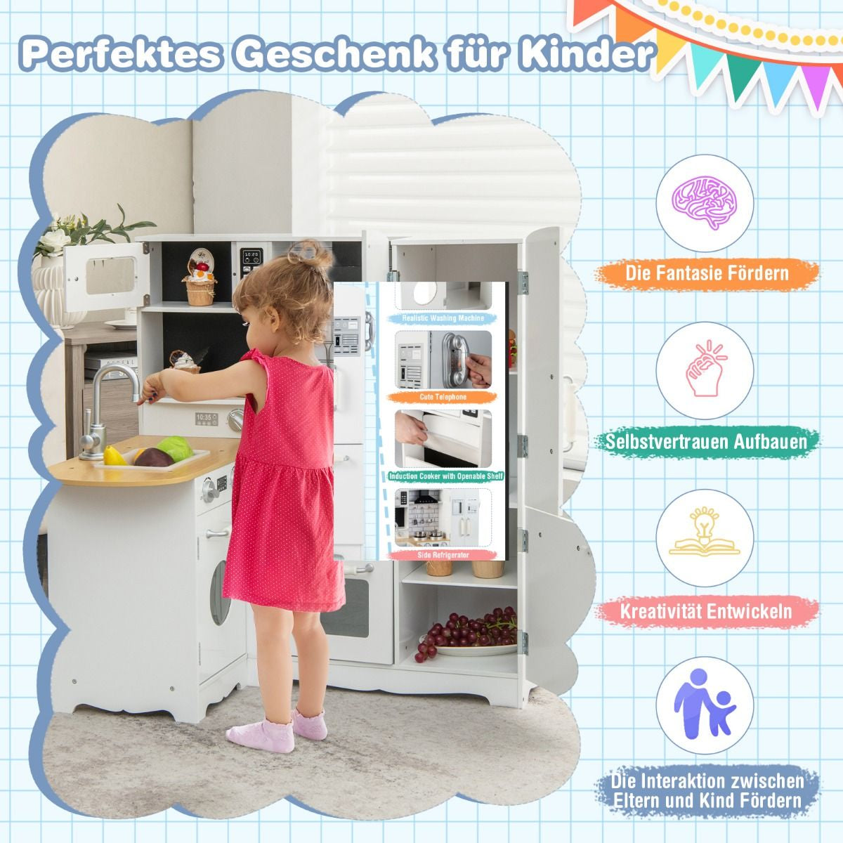Eckküchen-Spielset Für Kinder Spielküche Aus Holz Mit Herd 82 X 66 X 88 Cm Weiß