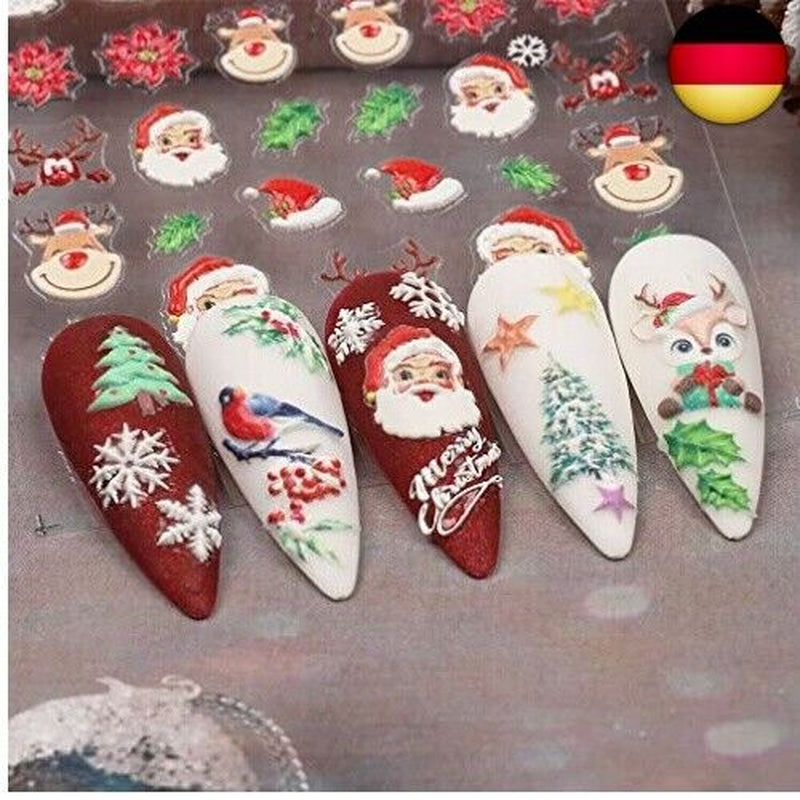 4 Blatt 3D Nagelsticker Weihnachten Nagelaufkleber 5D Stereoskopisch