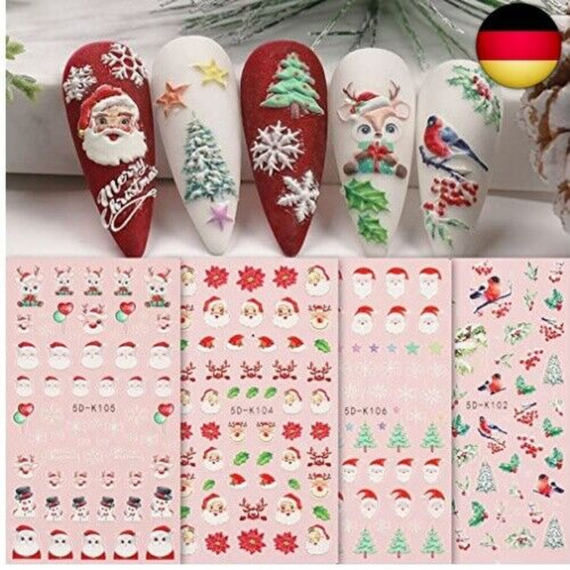 4 Blatt 3D Nagelsticker Weihnachten Nagelaufkleber 5D Stereoskopisch