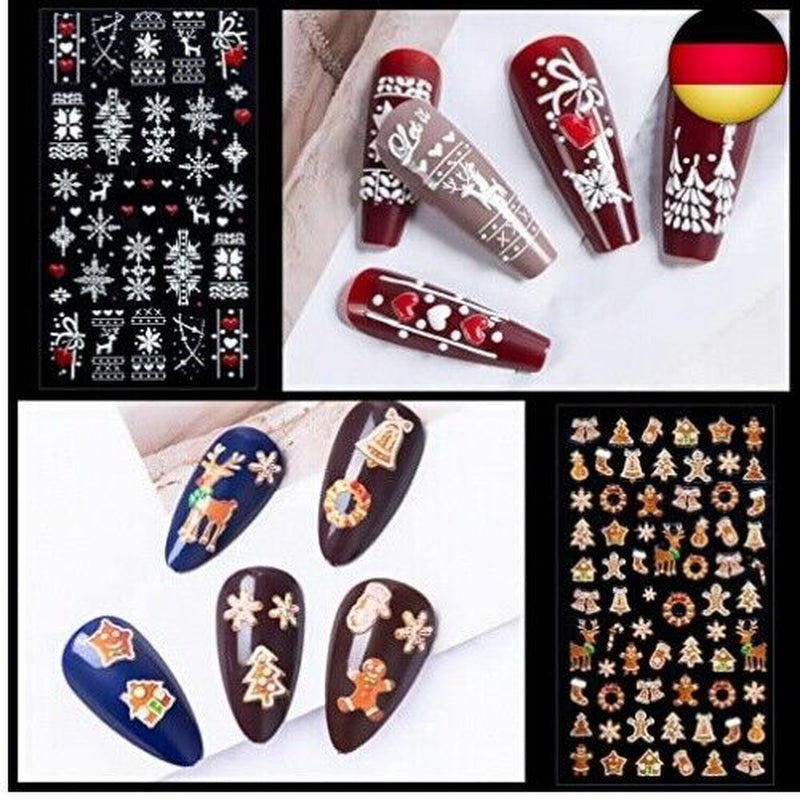 4 Blätter Weihnachten Nagelsticker Selbstklebend, 5D Schneeflock Weihnachten