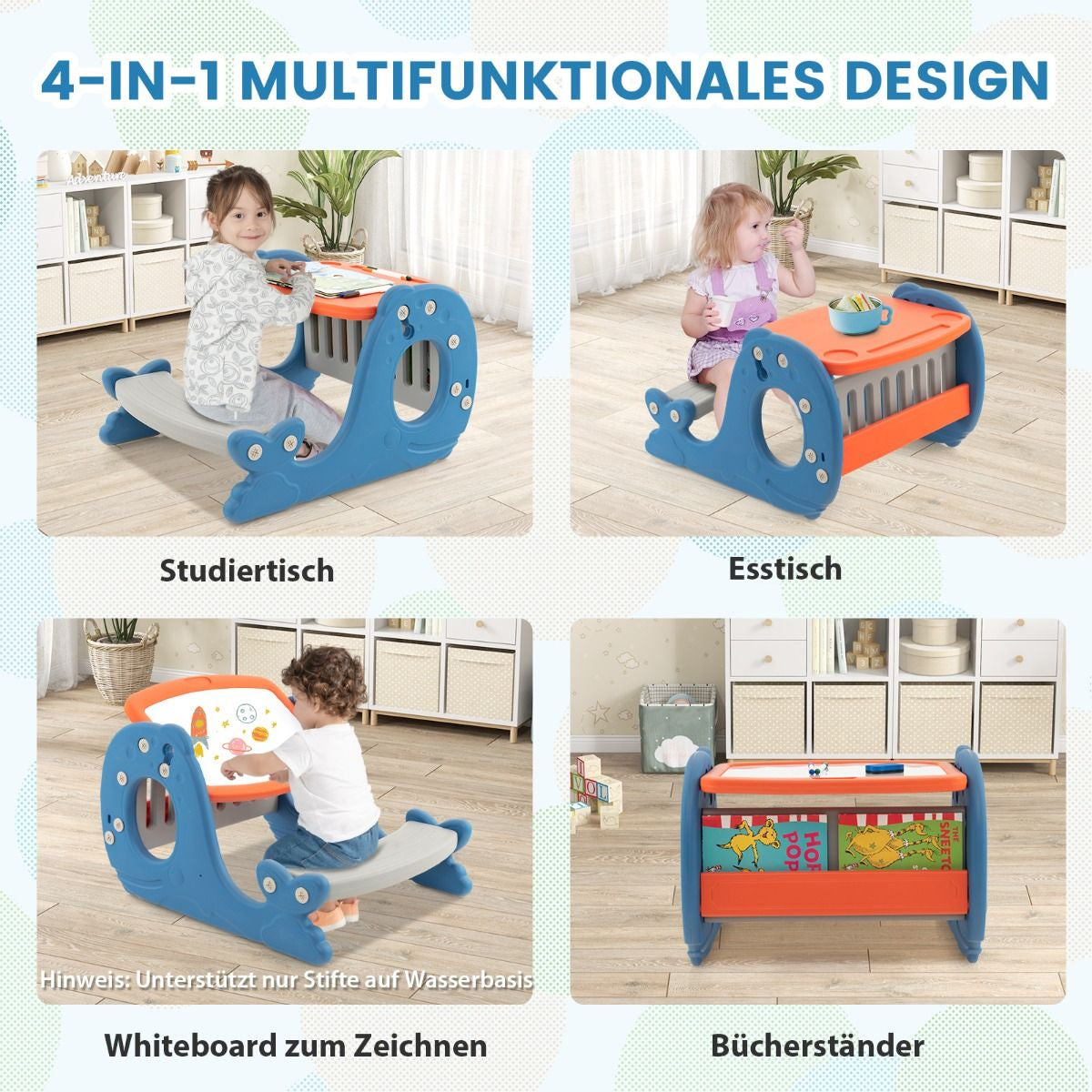 4 in 1 Kinder Staffelei in Walform Mit Bank & Doppelseitiger Tischplatte & Whiteboard