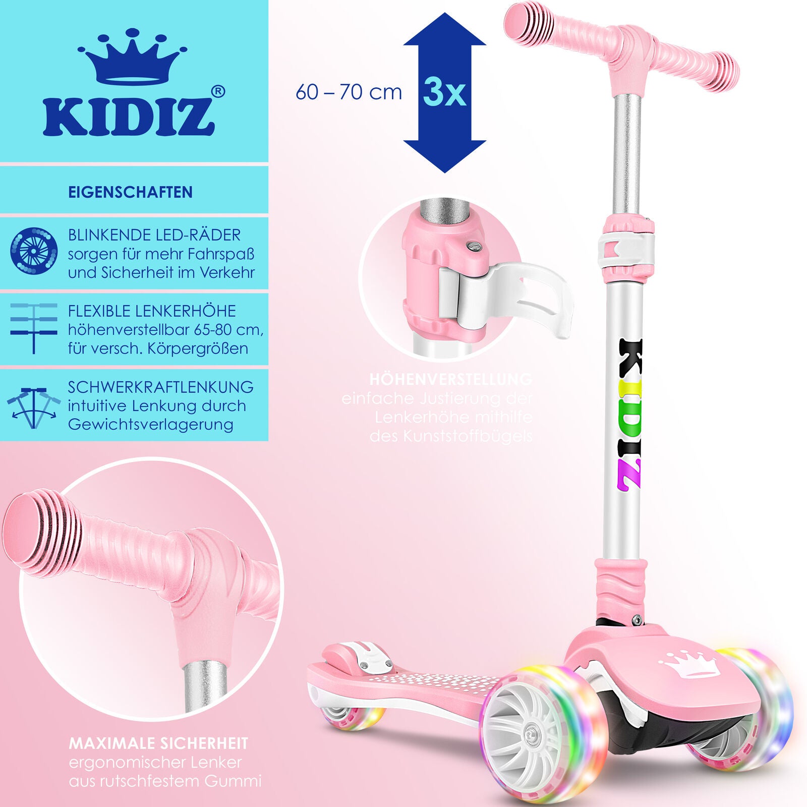 KIDIZ® Kinder Roller LED Räder Kinderscooter Dreiradscooter Scooter Cityroller