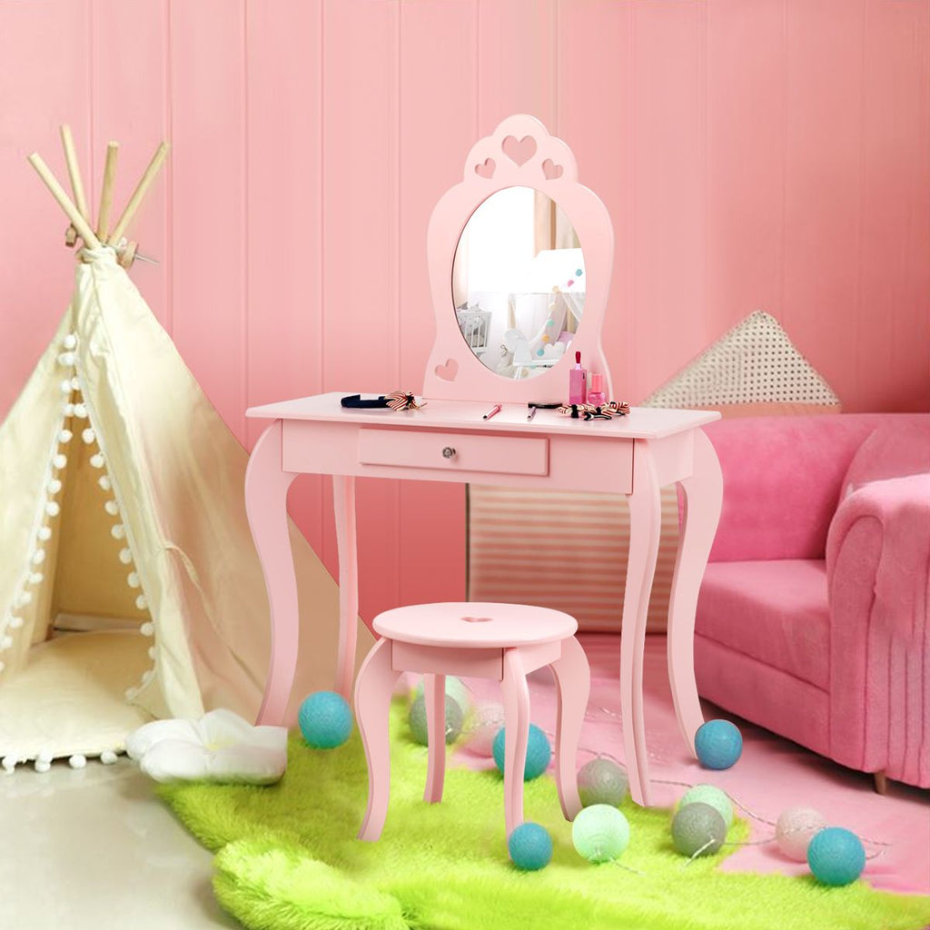 Kinder Schminktisch Frisiertisch Make-Up Tisch Mit Hocker Und Spiegel Rosa
