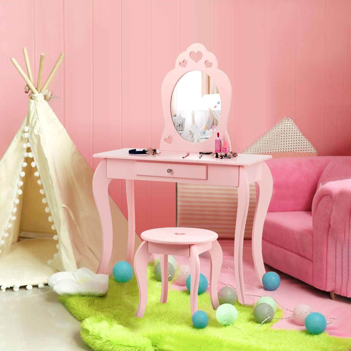 Kinder Schminktisch Frisiertisch Make-Up Tisch Mit Hocker Und Spiegel Rosa