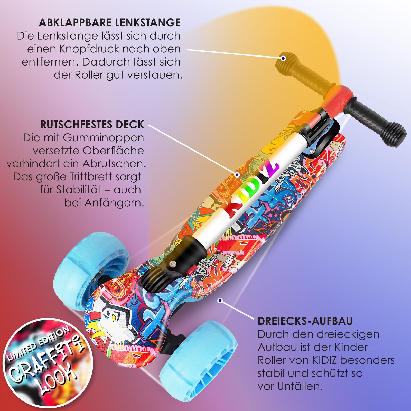 KIDIZ® Kinder Roller LED Räder Kinderscooter Dreiradscooter Scooter Cityroller