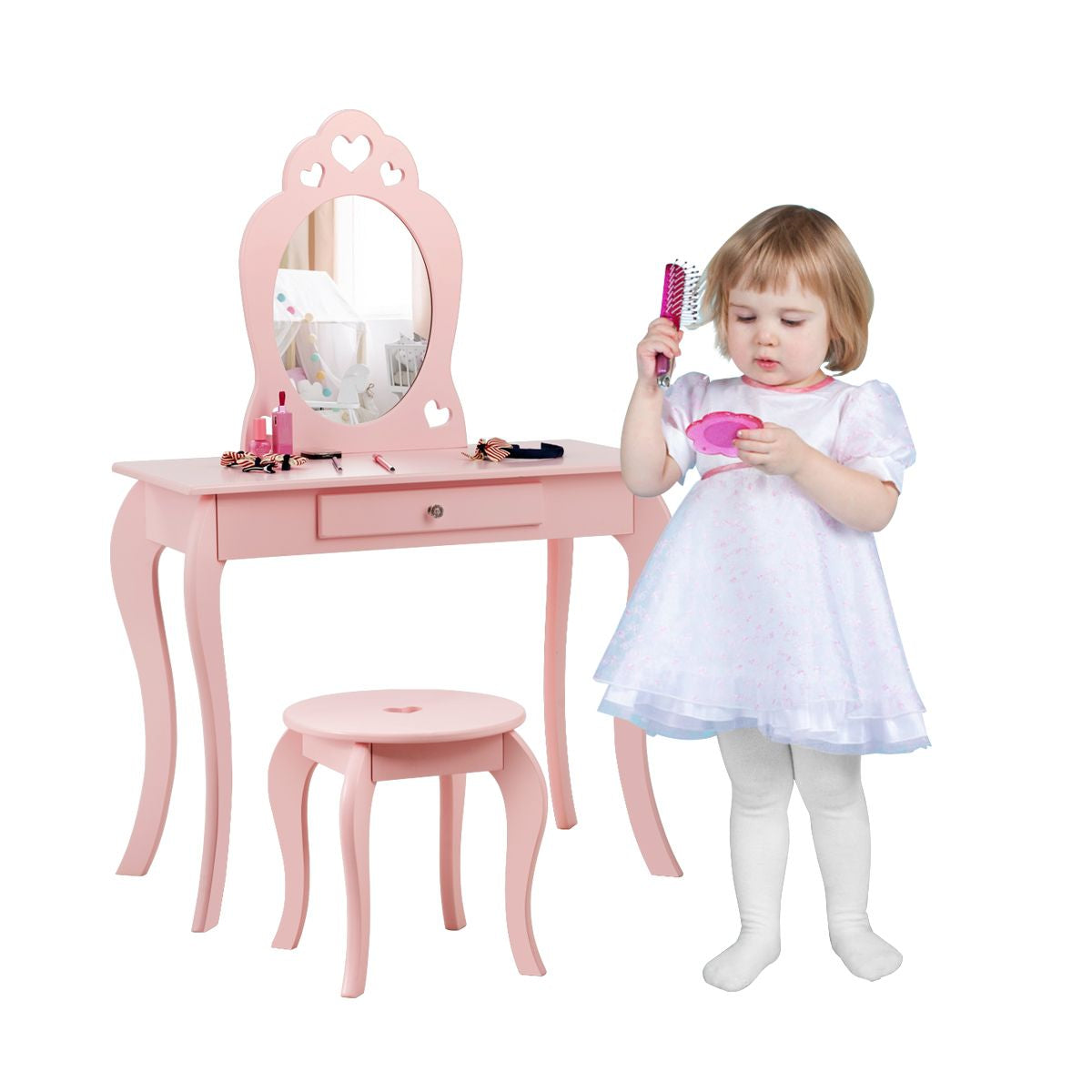 Kinder Schminktisch Frisiertisch Make-Up Tisch Mit Hocker Und Spiegel Rosa