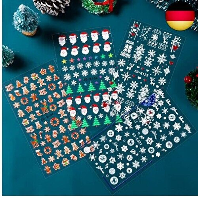 4 Blätter Weihnachten Nagelsticker Selbstklebend, 5D Schneeflock Weihnachten