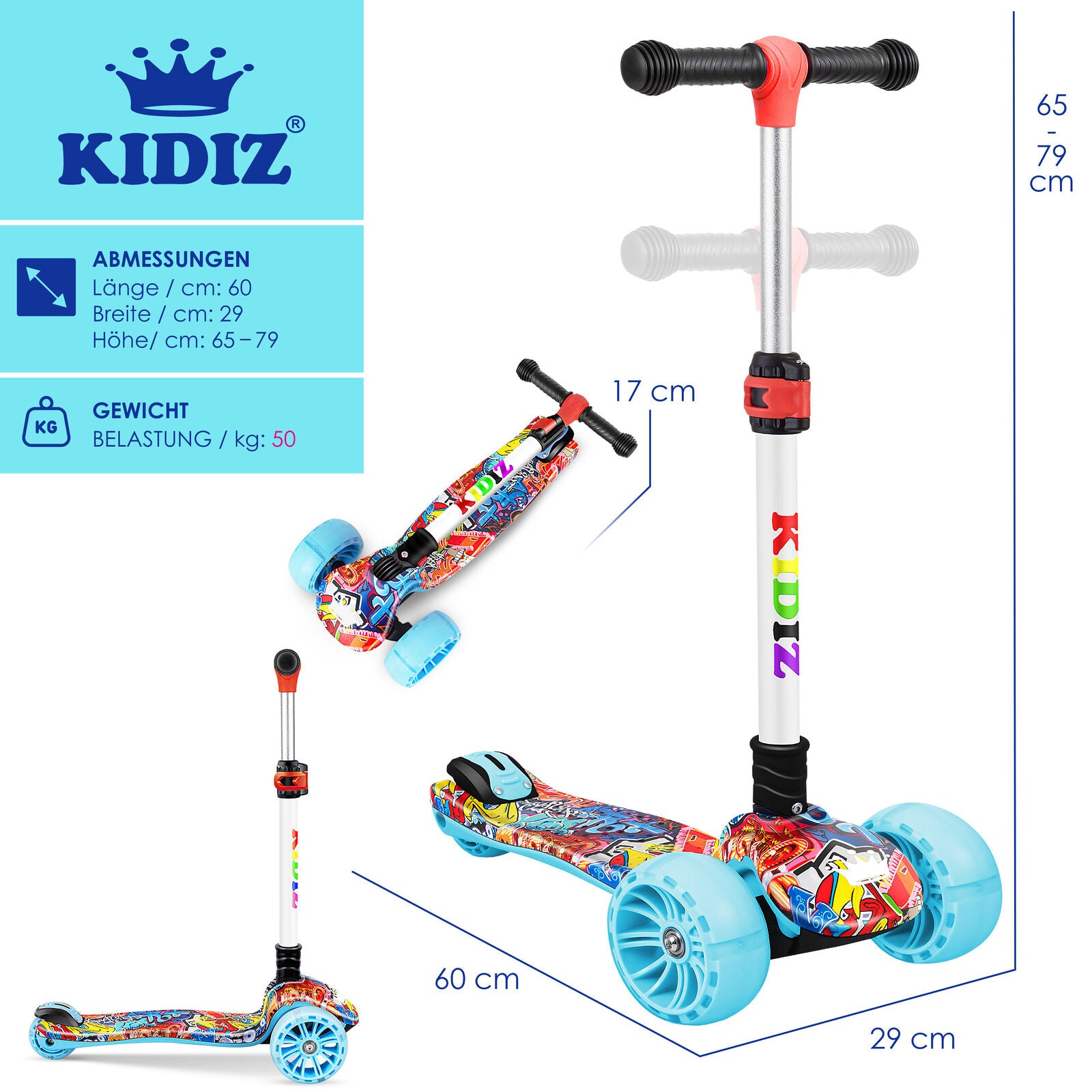 KIDIZ® Kinder Roller LED Räder Kinderscooter Dreiradscooter Scooter Cityroller